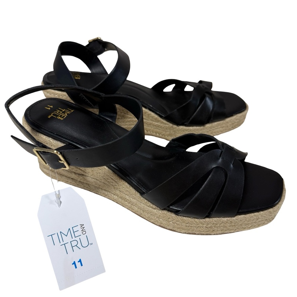 Time and Tru Black Espadrille Wedge Sandals Size 11 NWT - Picture 3 of 11
